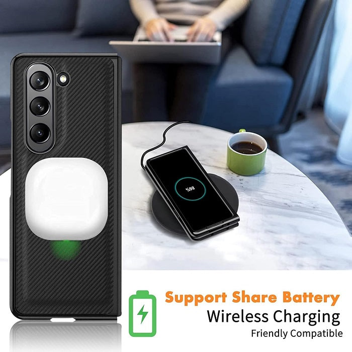 Samsung Galaxy Z Fold 4 Leather Carbon Fiber Slim Fit Case With Front Glass- Black