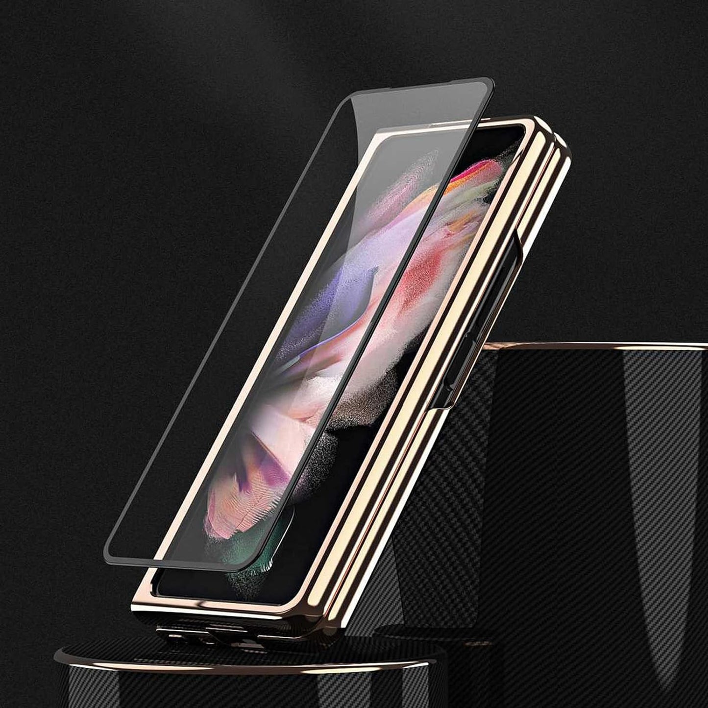 Samsung Galaxy Z Fold 4 PU Leather Chrome Plated With Front Screen Protector Case- Black