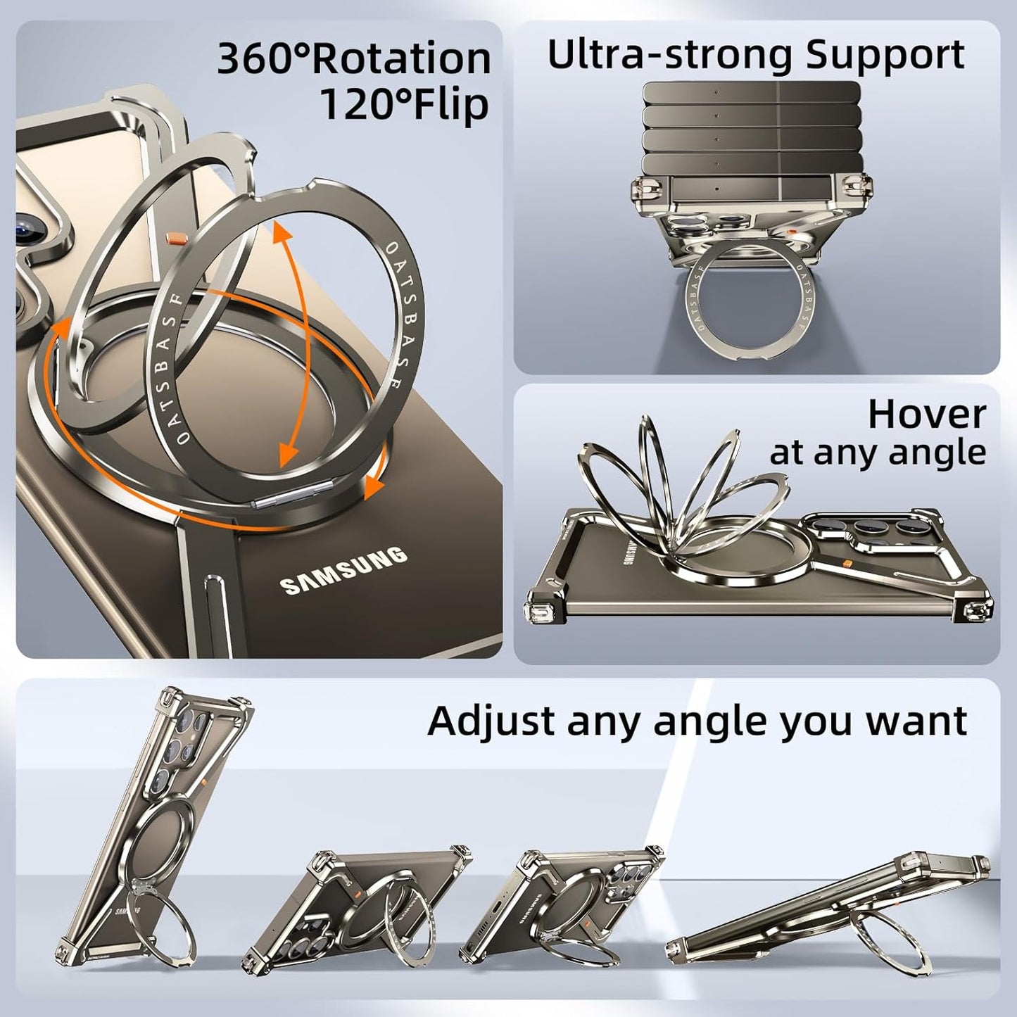 Samsung Galaxy S24 Ultra Z Shape 360° Rotation Kickstand Aluminum Metal Frameless Design Bumper Case - Titanium