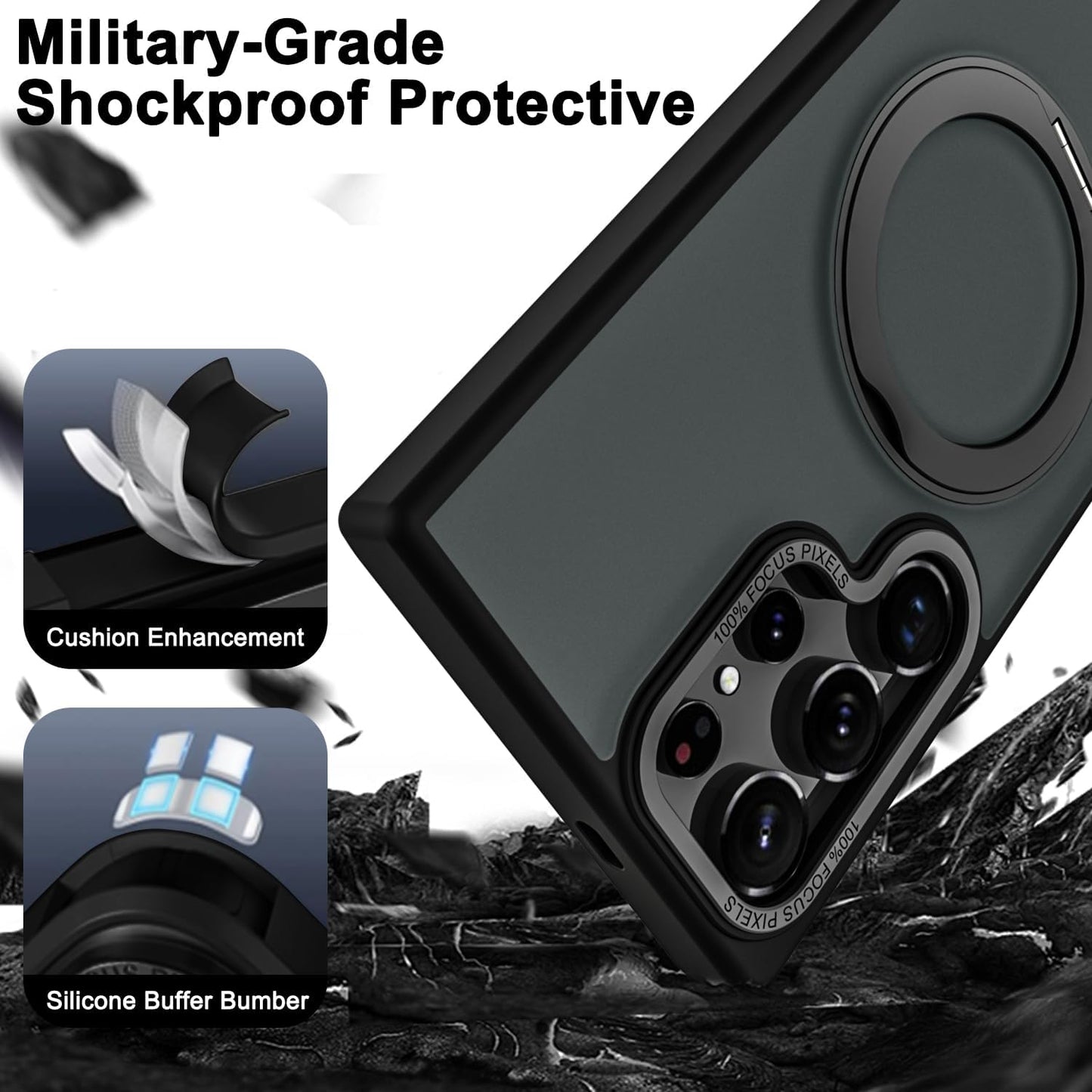 Samsung Galaxy S23 Ultra 360° Rotatable Magnetic Ring with Magsafe Scratchproof Translucent Matte Kickstand Case - Black