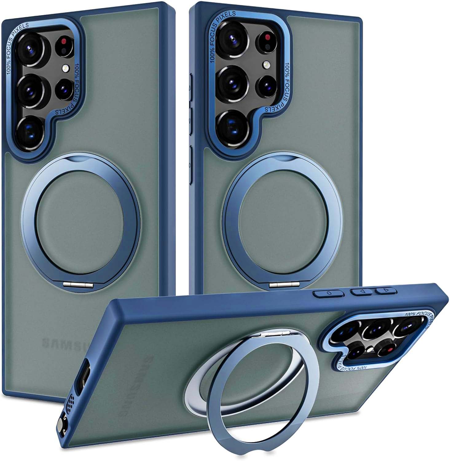 Samsung Galaxy S23 Ultra 360° Rotatable Magnetic Ring with Magsafe Scratchproof Translucent Matte Kickstand Case - Dark Blue