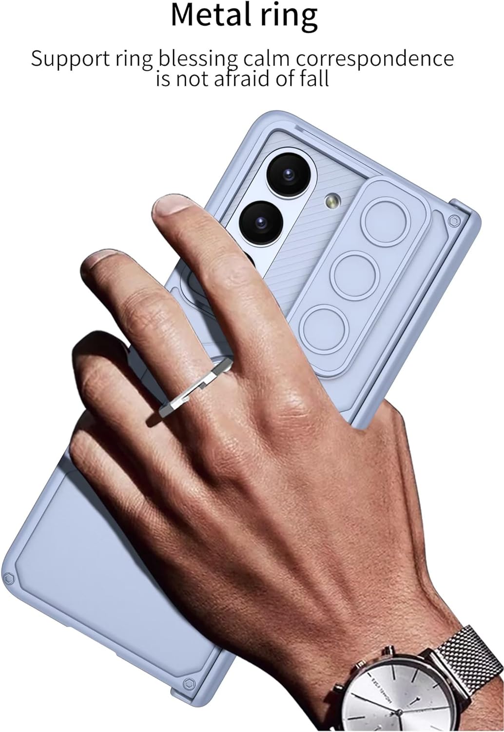 Samsung Galaxy Z Fold 5 Ring Holder Magnetic Hinge Screen Protector Rugged Protective Case-Blue