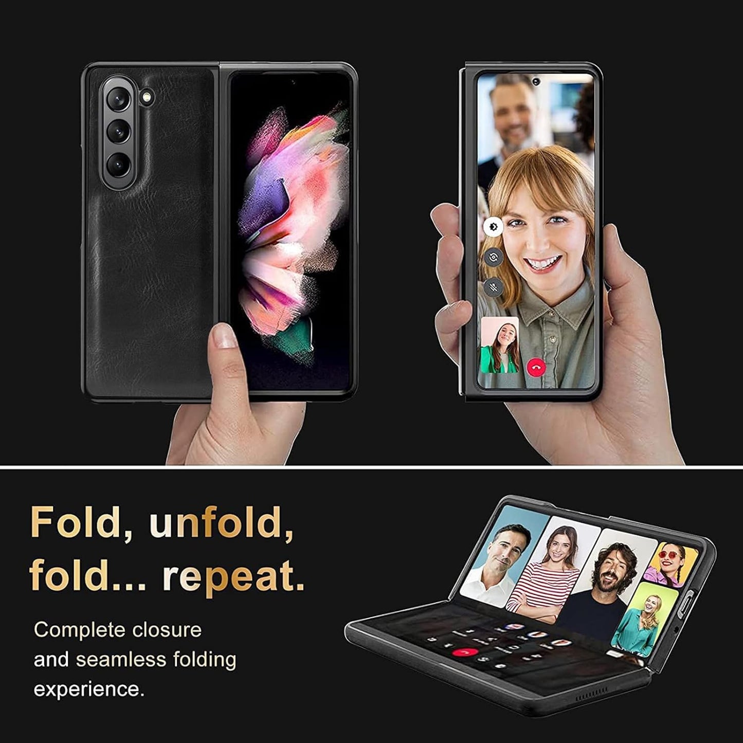 Samsung Galaxy Z Fold 4 PU Leather Chrome Plated With Front Screen Protector Case- Black