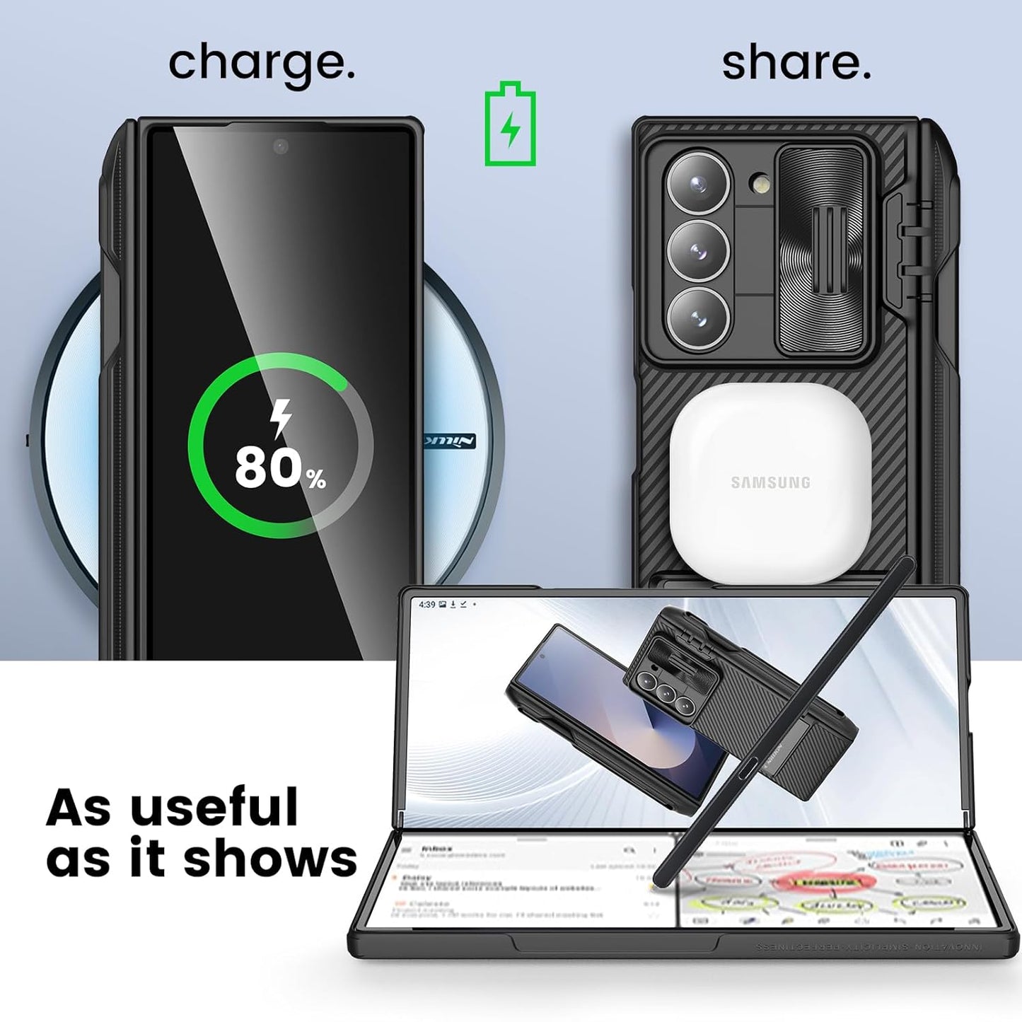 Samsung Galaxy Z Fold 6 Nillkin Cam-Shield Pro with S Pen Holder & Hinge Protection Hidden Kickstand Slide Camera Cover - Black