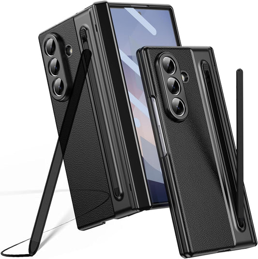 Samsung Galaxy Z Fold7 Leather Case, Electroplating S Pen Case with Kickstand & Hinge Protection - Black