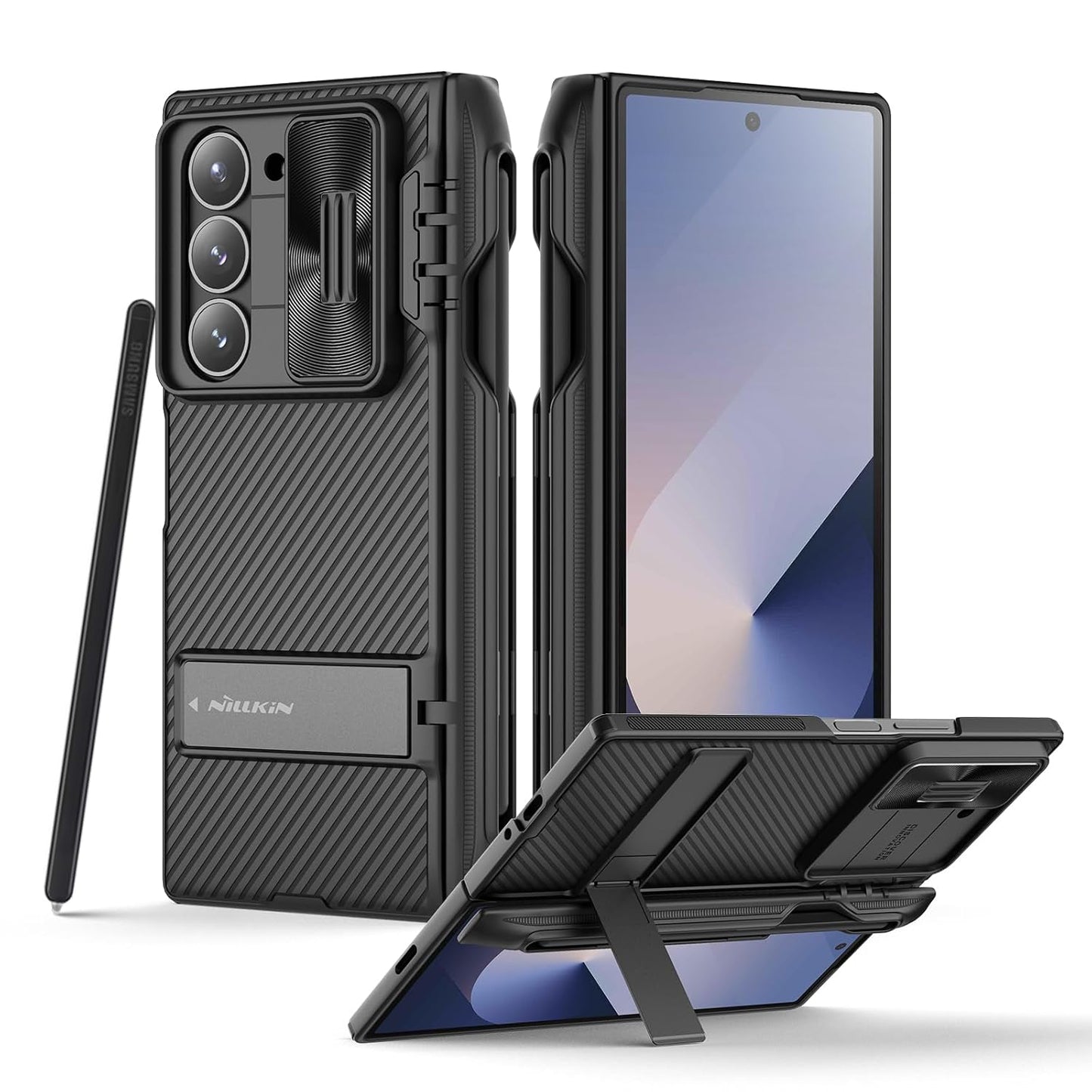 Samsung Galaxy Z Fold 6 Nillkin Cam-Shield Pro with S Pen Holder & Hinge Protection Hidden Kickstand Slide Camera Cover - Black