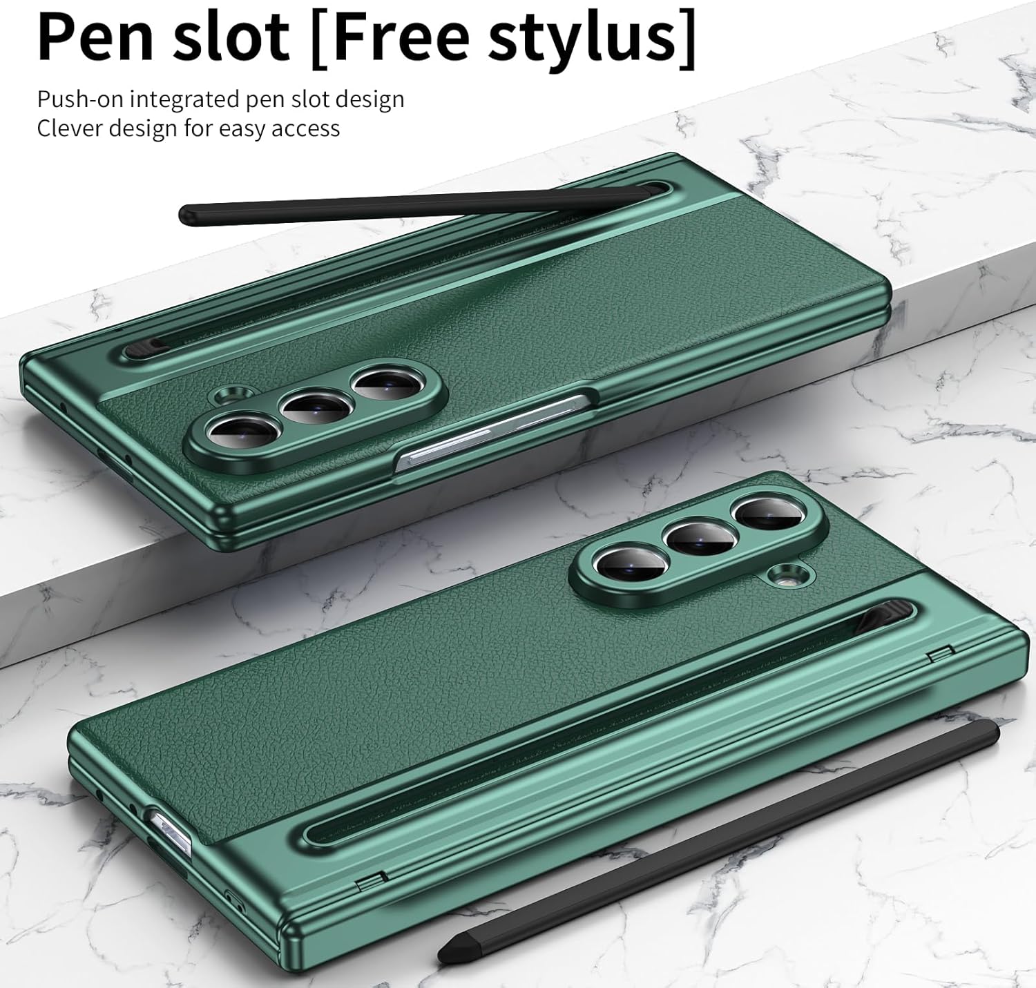 Samsung Galaxy Z Fold7 Leather Case, Electroplating S Pen Case with Kickstand & Hinge Protection - Green