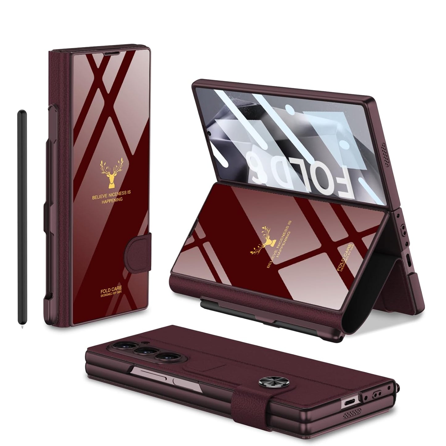 Samsung Galaxy Z Fold6 Original GKK Glossy Deer Glass & Leather Kickstand Flip Cover with S-Pen - Wine