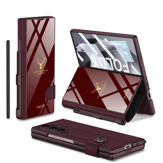 Samsung Galaxy Z Fold6 Original GKK Glossy Deer Glass & Leather Kickstand Flip Cover with S-Pen - Wine