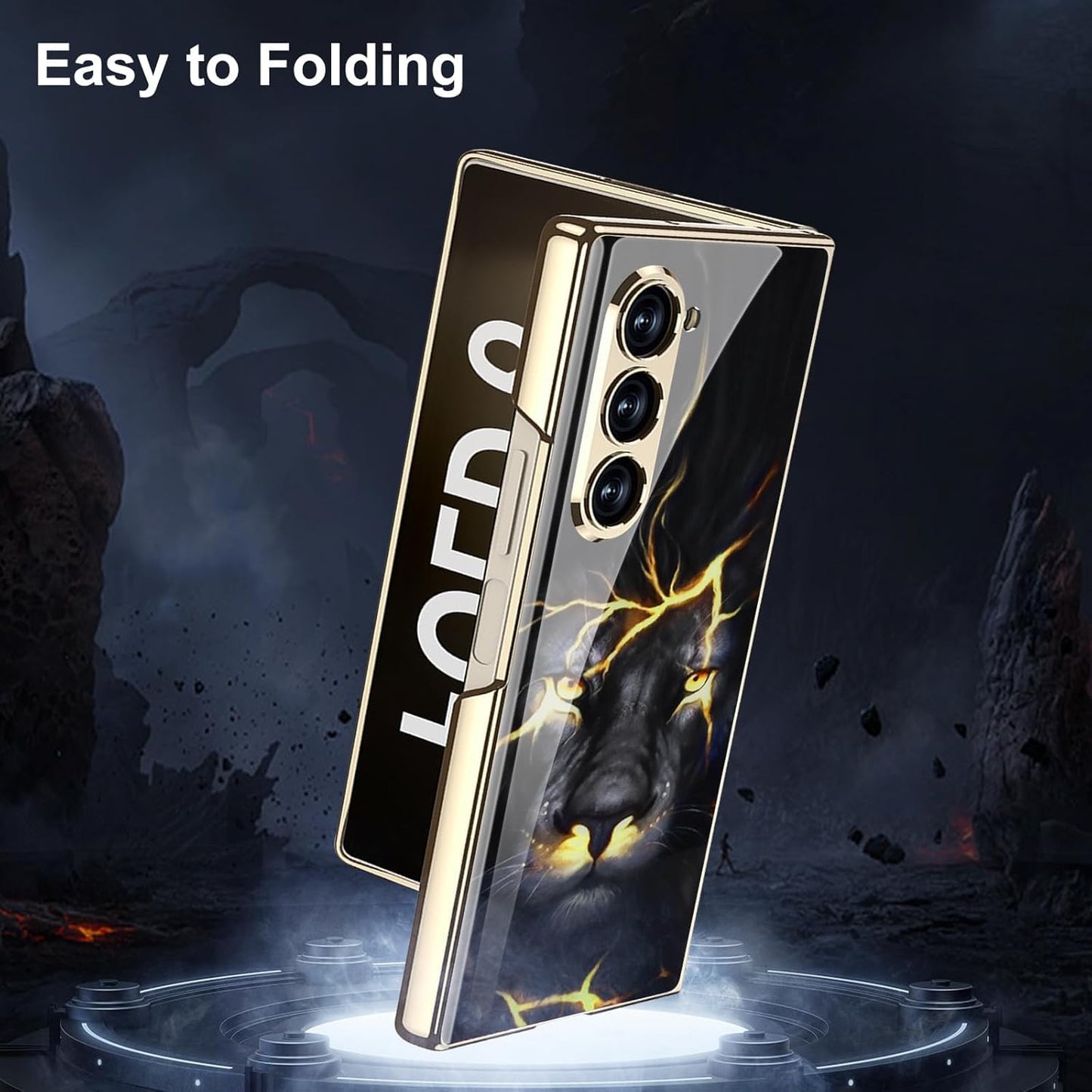 Samsung Galaxy Z Fold6 Original GKK Glossy Lion Glass Case with Front Glass - Black Lion