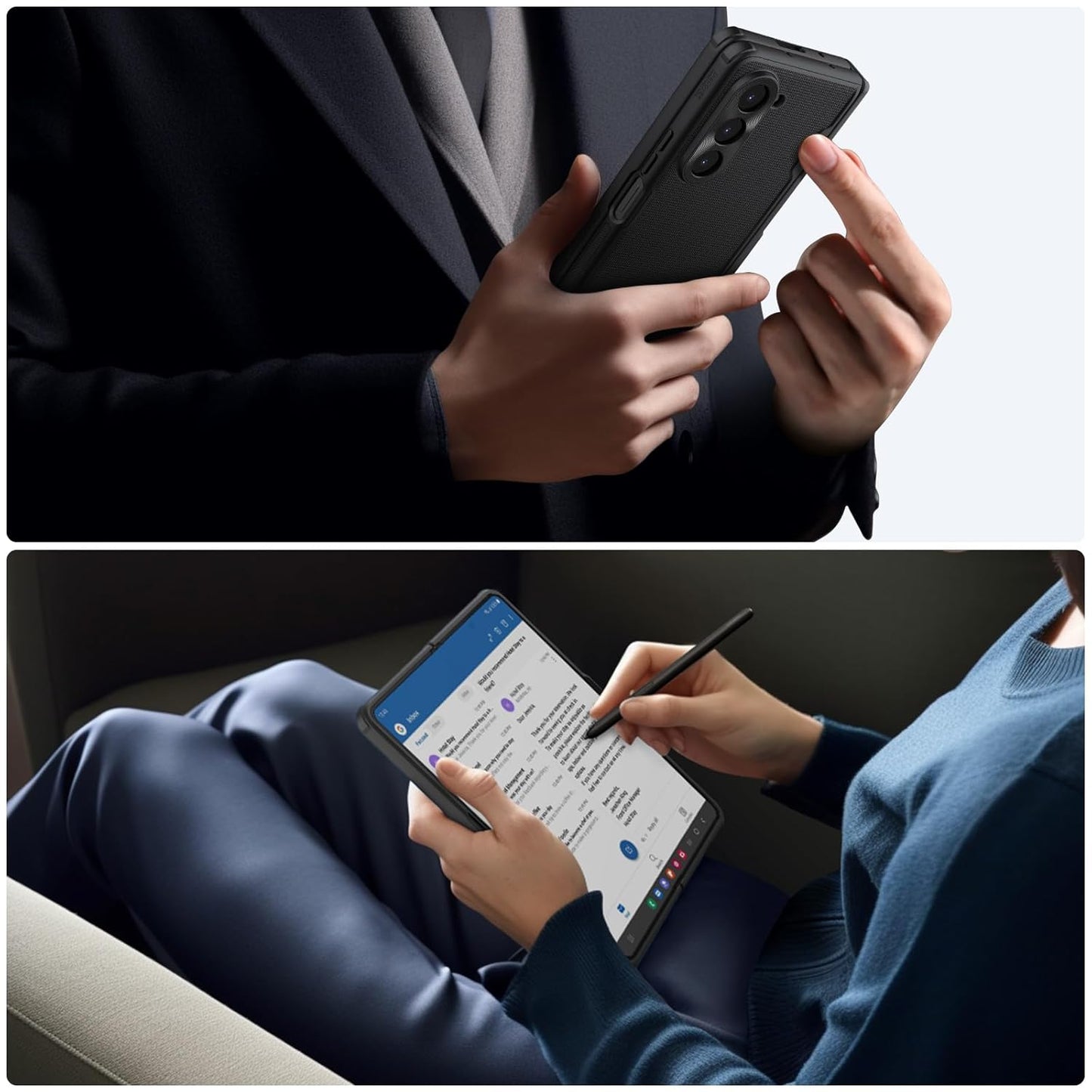 Samsung Galaxy Z Fold5 Nillkin Case, Hinge Protection, Hidden Kickstand & Metal Camera Lens Protector - Black