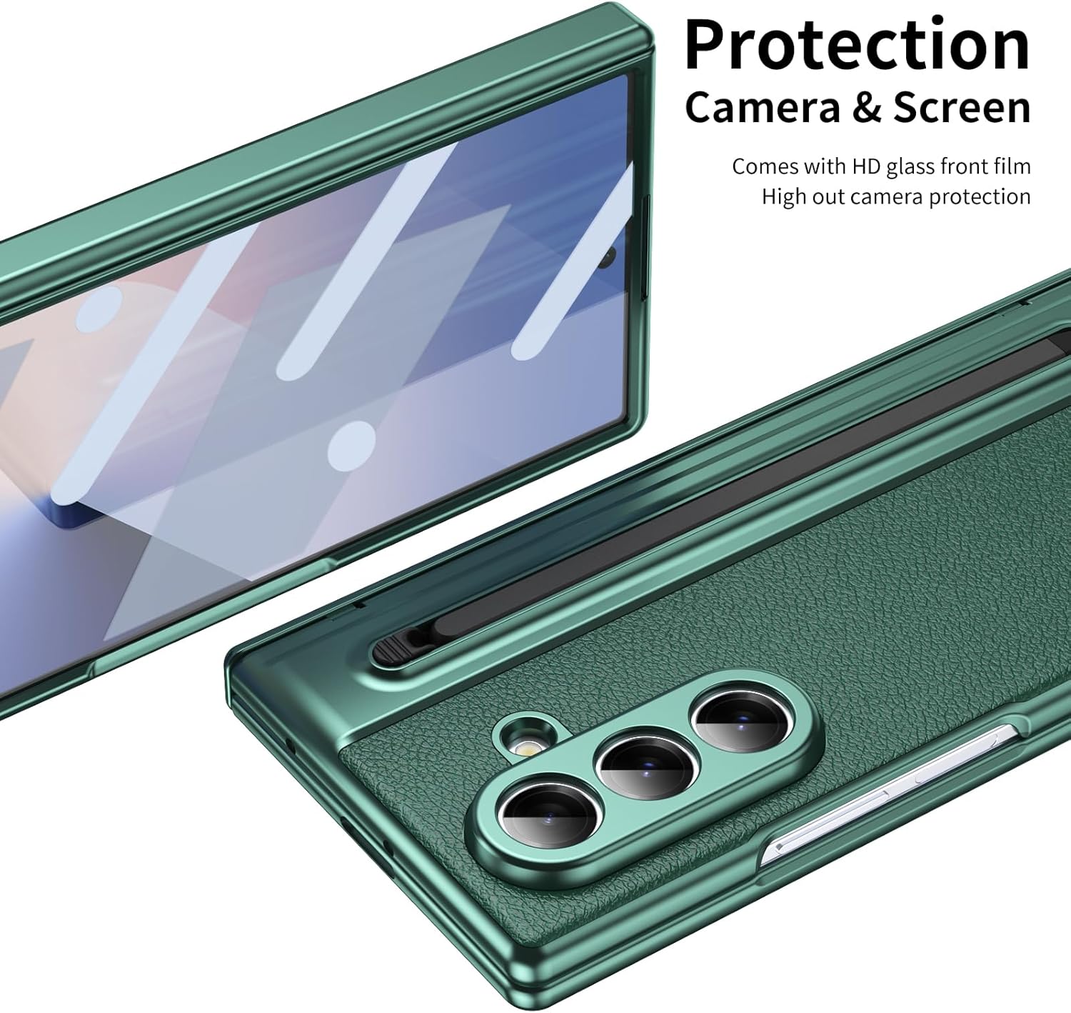 Samsung Galaxy Z Fold7 Leather Case, Electroplating S Pen Case with Kickstand & Hinge Protection - Green