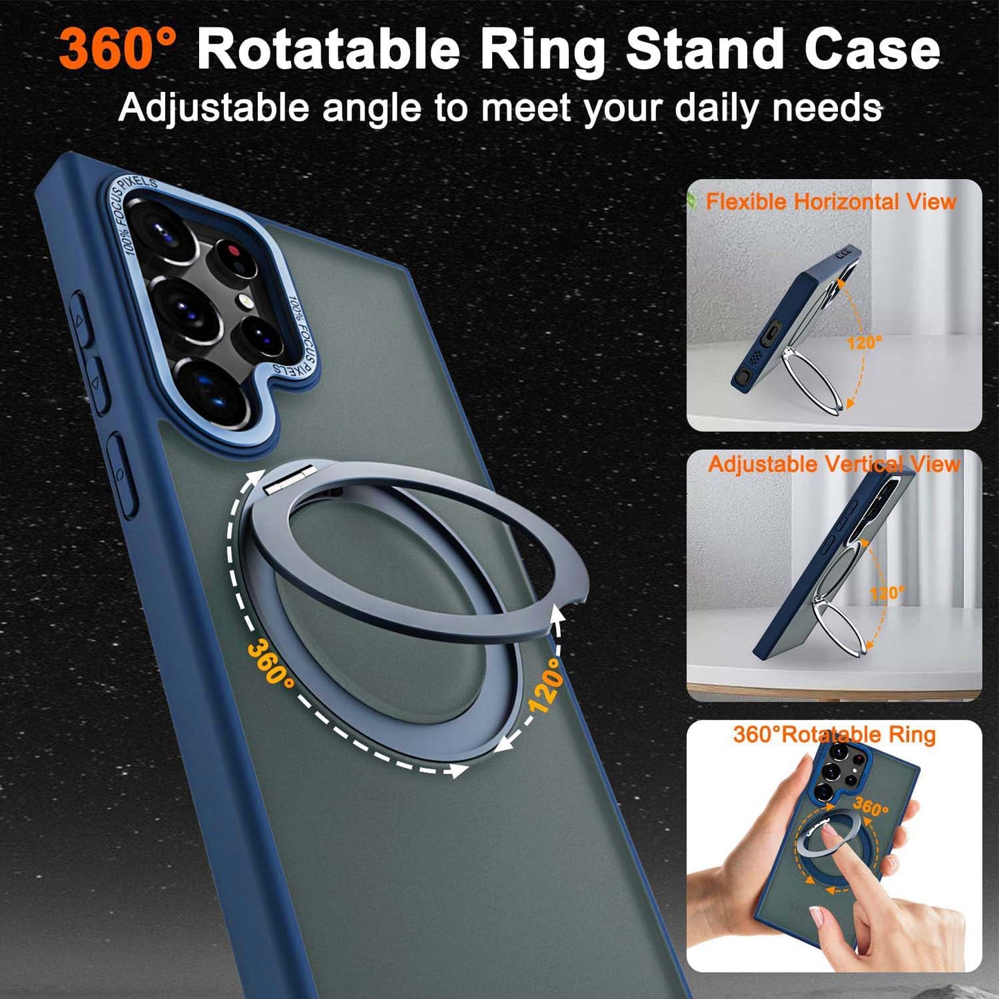 Samsung Galaxy S24 Ultra 360° Rotatable Magnetic Ring with Magsafe Scratchproof Translucent Matte Kickstand Case - Dark Blue