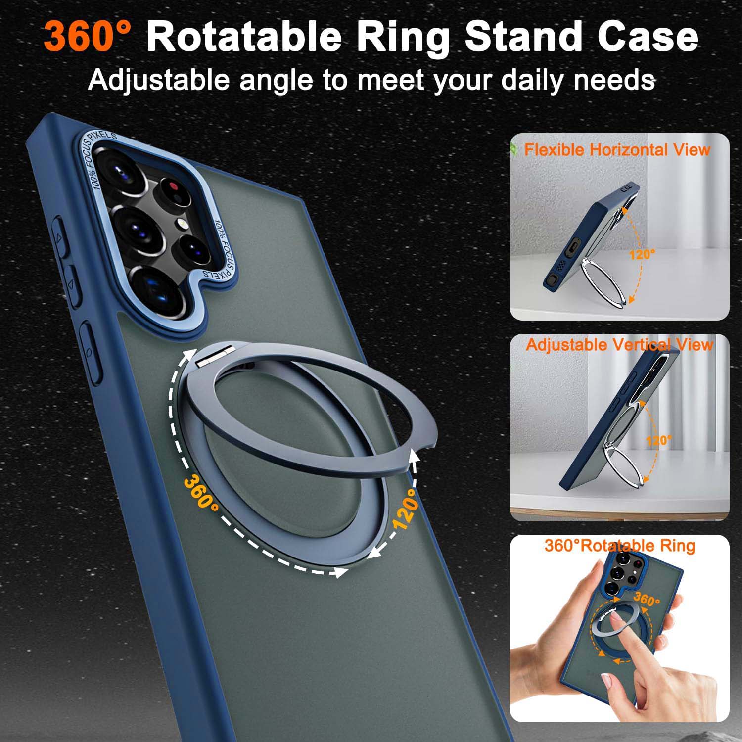 Samsung Galaxy S24 Ultra 360° Rotatable Magnetic Ring with Magsafe Scratchproof Translucent Matte Kickstand Case - Dark Blue