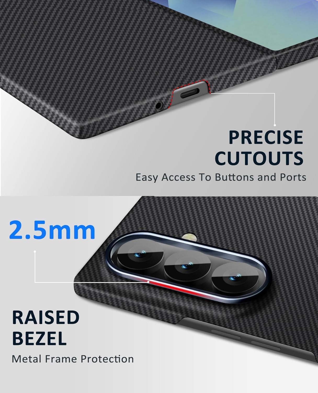 Samsung Galaxy Z Fold7 0.5mm Ultra Thin Carbon Fiber 600D Cover with Metal Camera Protection - Black
