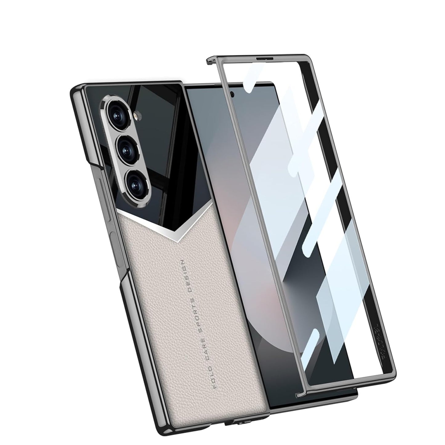 Samsung Galaxy Z Fold6 GKK Glass Case, Ultra Electroplating V Shape Leather & Glass Case - Grey