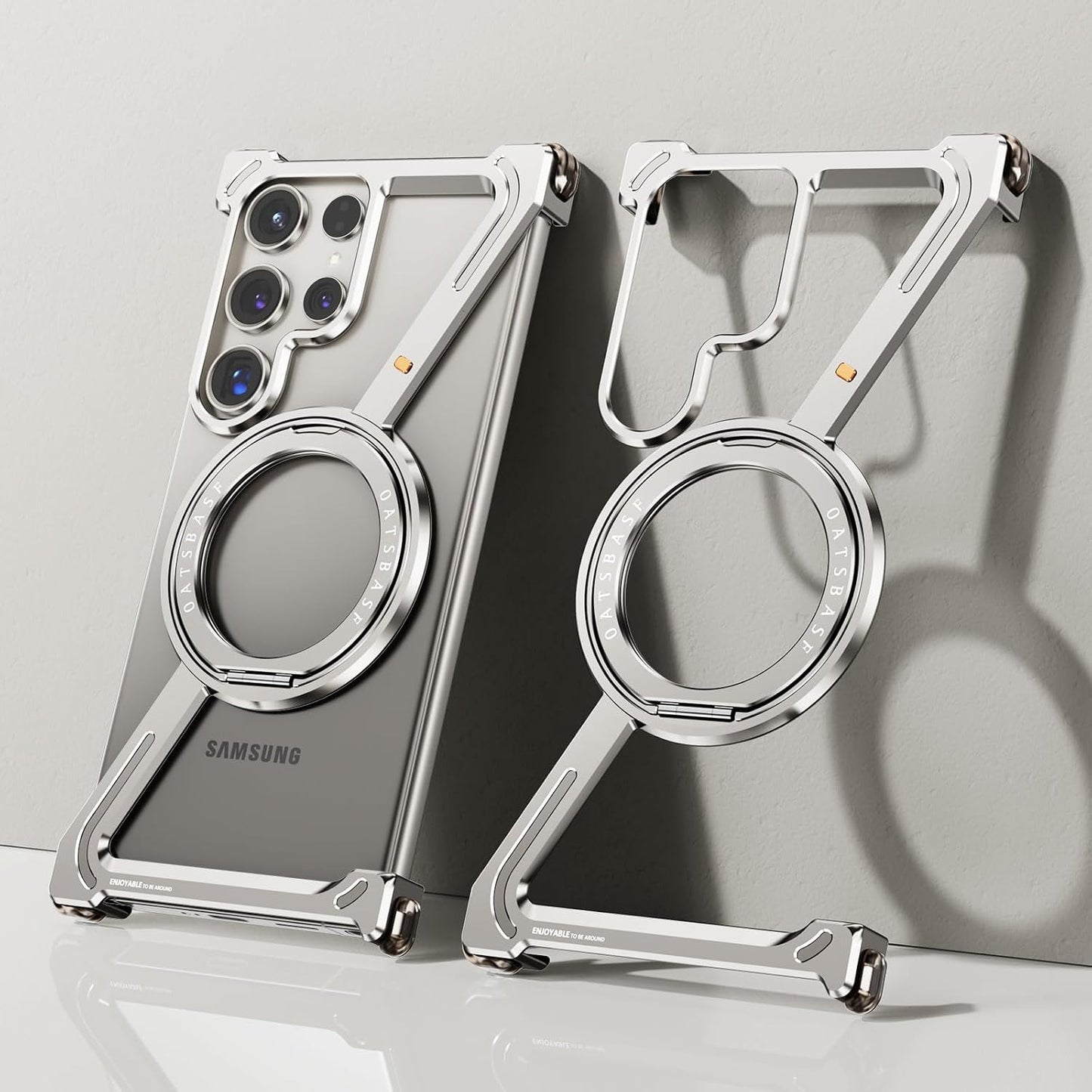 Samsung Galaxy S24 Ultra Z Shape 360° Rotation Kickstand Aluminum Metal Frameless Design Bumper Case - Titanium
