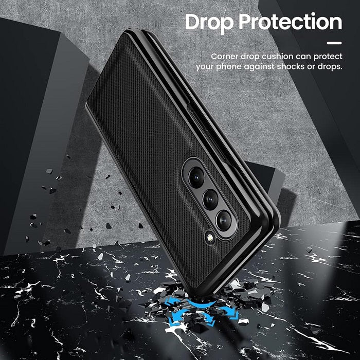 Samsung Galaxy Z Fold 4 Leather Carbon Fiber Slim Fit Case With Front Glass- Blue