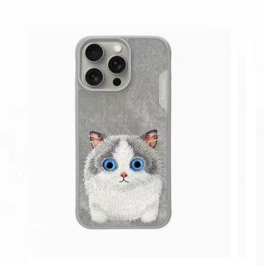 iPhone 15 Nimmy NIMMY Adorable Big Eye Animal Embroidery PU Leather Case- Grey