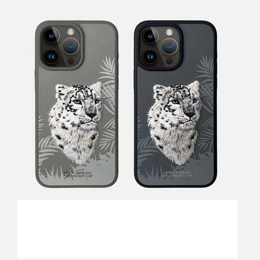 iPhone 15 Pro Max Santa Barbara Snow Leopard Embroidery Case Cover - Grey/Black