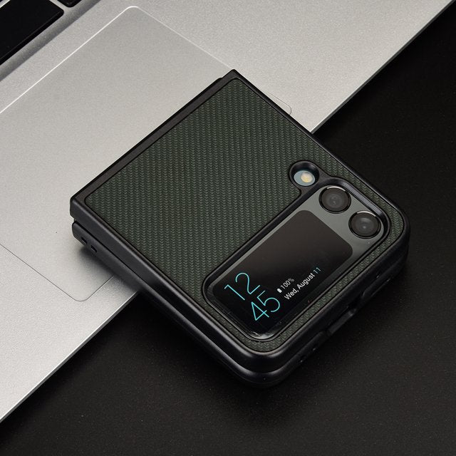 Samsung Galaxy Z Flip 3 Leather Carbon Fiber Slim Fit Case- Green