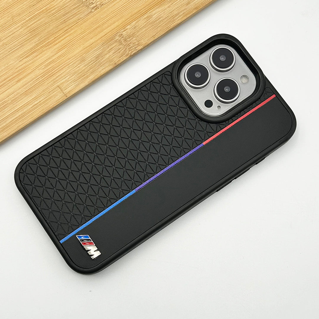 iPhone 15 Pro Max BMW Case, Sports Car BMW M Performance Logo Leather Back cover