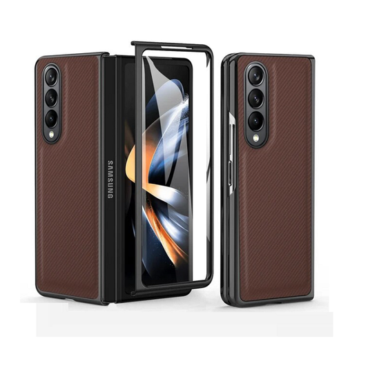 Samsung Galaxy Z Fold 3 Leather Carbon Fiber Slim Fit Case With Front Glass- Brown