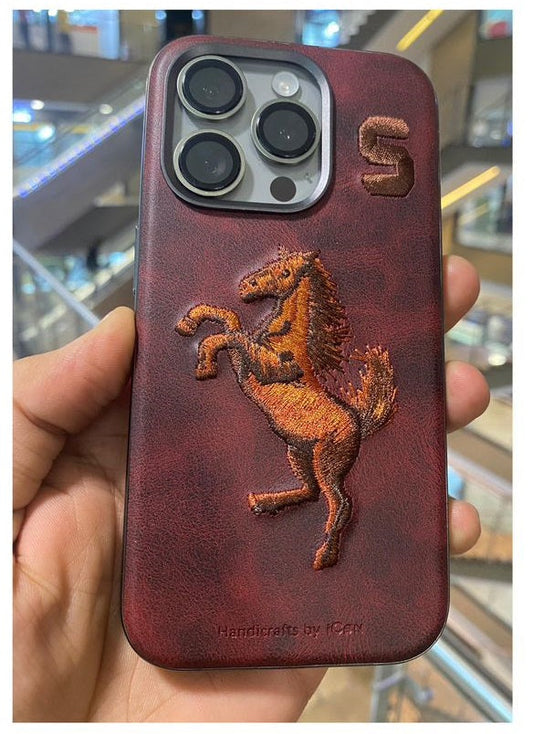 iPhone 13 Luxury 3D Embroidery Animal Series Original Leather Case / Horse Coffee