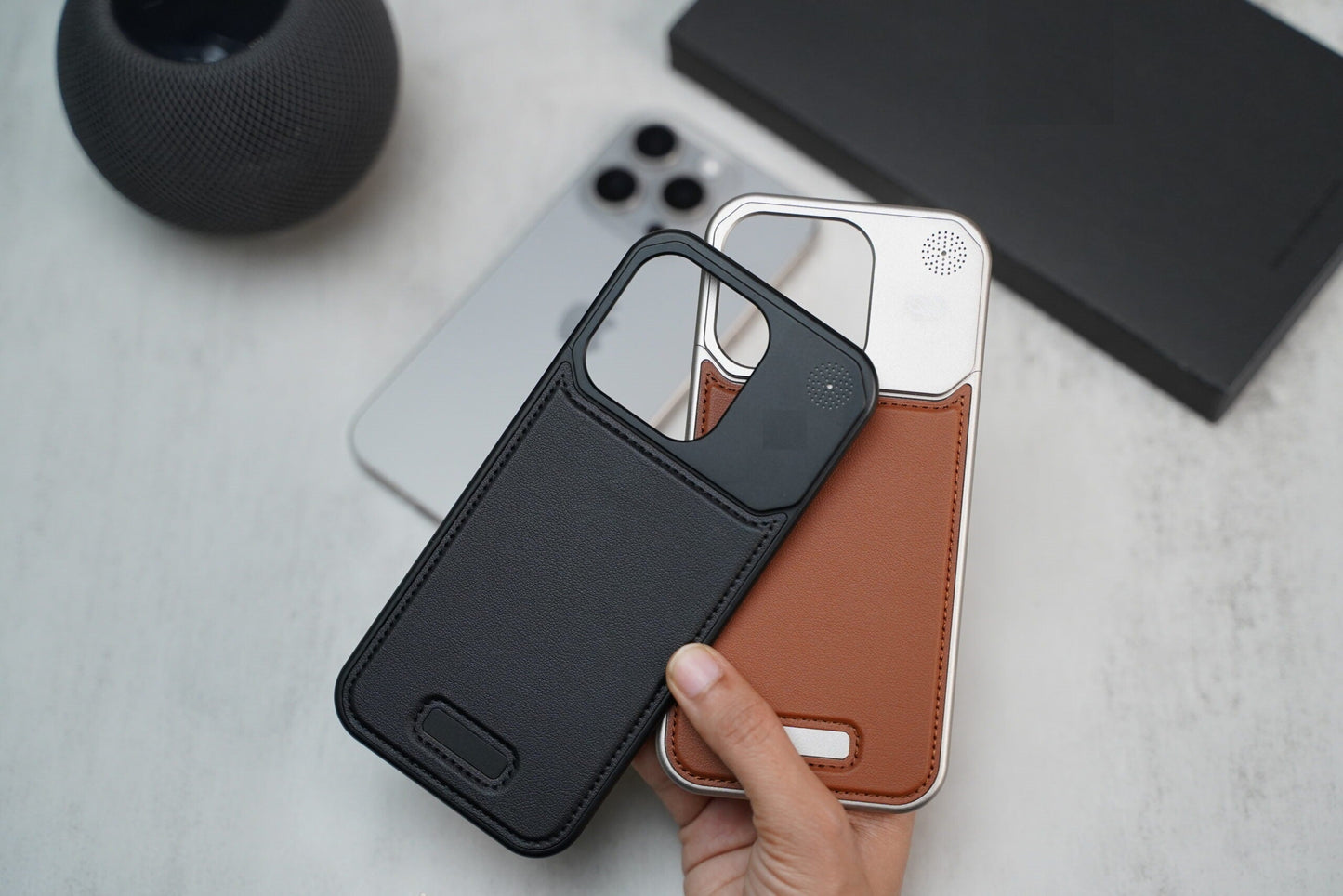 iPhone 15 Pro Super Slim AeroFLex Metal Frame Vegan Leather Case with Magsafe - Titanium