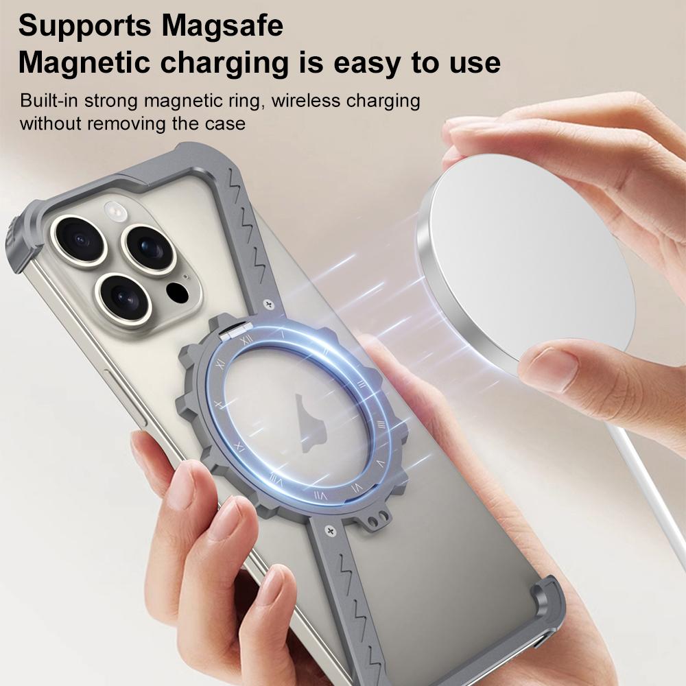 iPhone 15 Pro Max Z-Shape Metal Case Frameless Metal 360 Holder MagSafe Phone Case with Kickstand - Grey