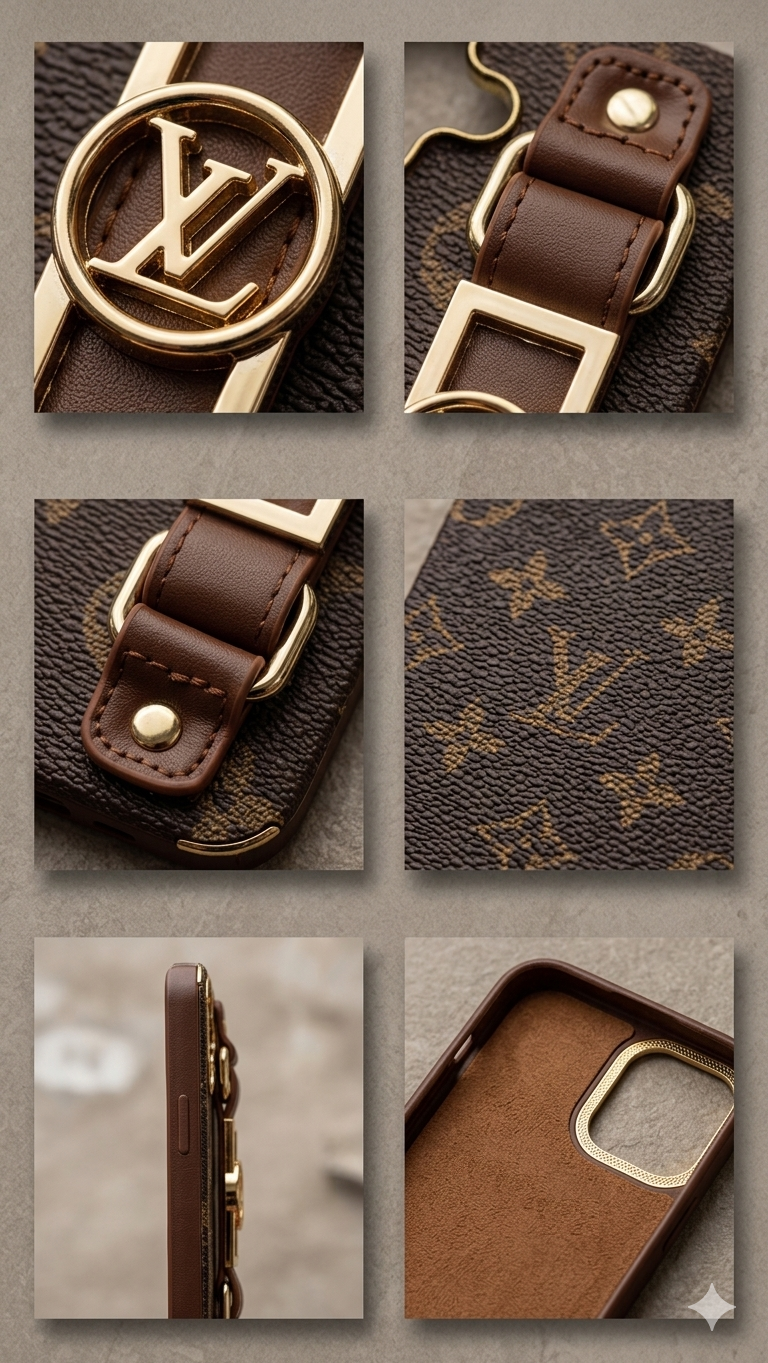 iPhone 17 Luxurious Premium Louis Vuitton Leather Case with Belt - Brown
