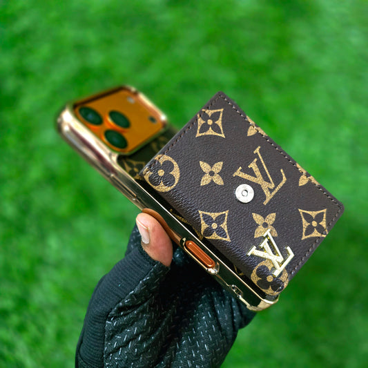 iPhone 17 Pro Max Luxurious Electroplating LV Leather Case with Wallet Card Holder