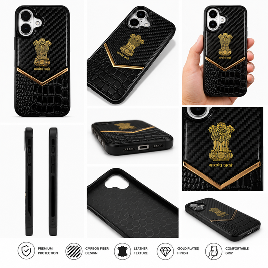 iPhone 17 "Satyamev Jayate" Crock & Carbon Pattern Printed Logo Case