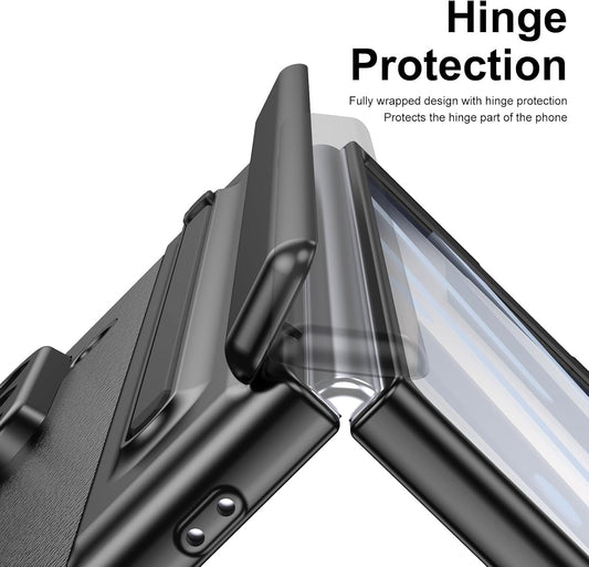 Samsung Z Fold8 Ultra Leather Case, Electroplating S Pen Case with Hinge Protection - Black