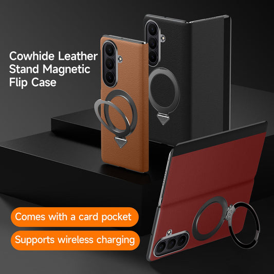 Samsung Z Fold8 Ultra SULADA Leather Case, S-View Window Magnetic Ring Holder Kickstand Cover with Magsafe - Black