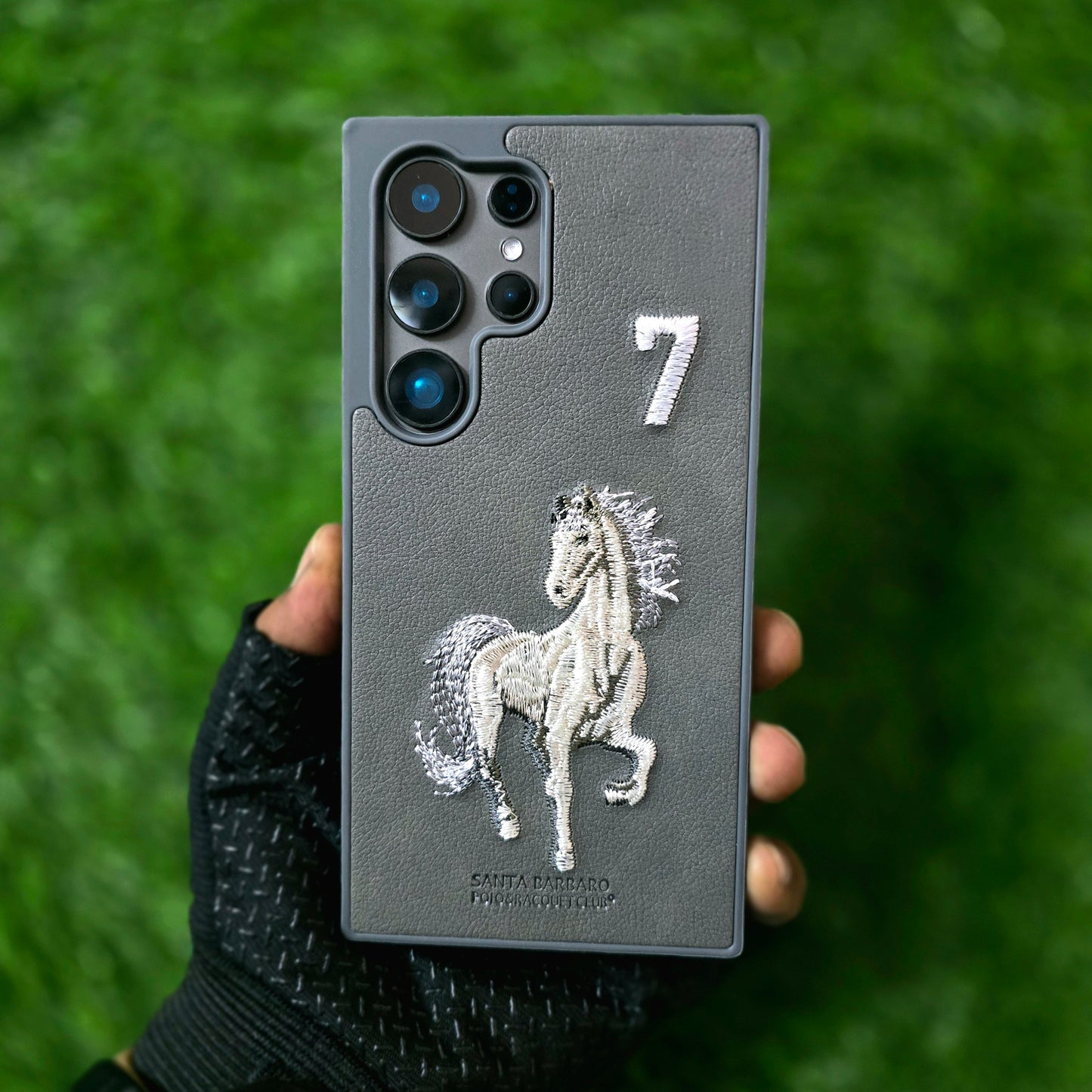 Samsung Galaxy S24 Ultra Leather Case, Santa Barbara Boris Series 3D Horse Embroidery Leather Case - Black/Grey