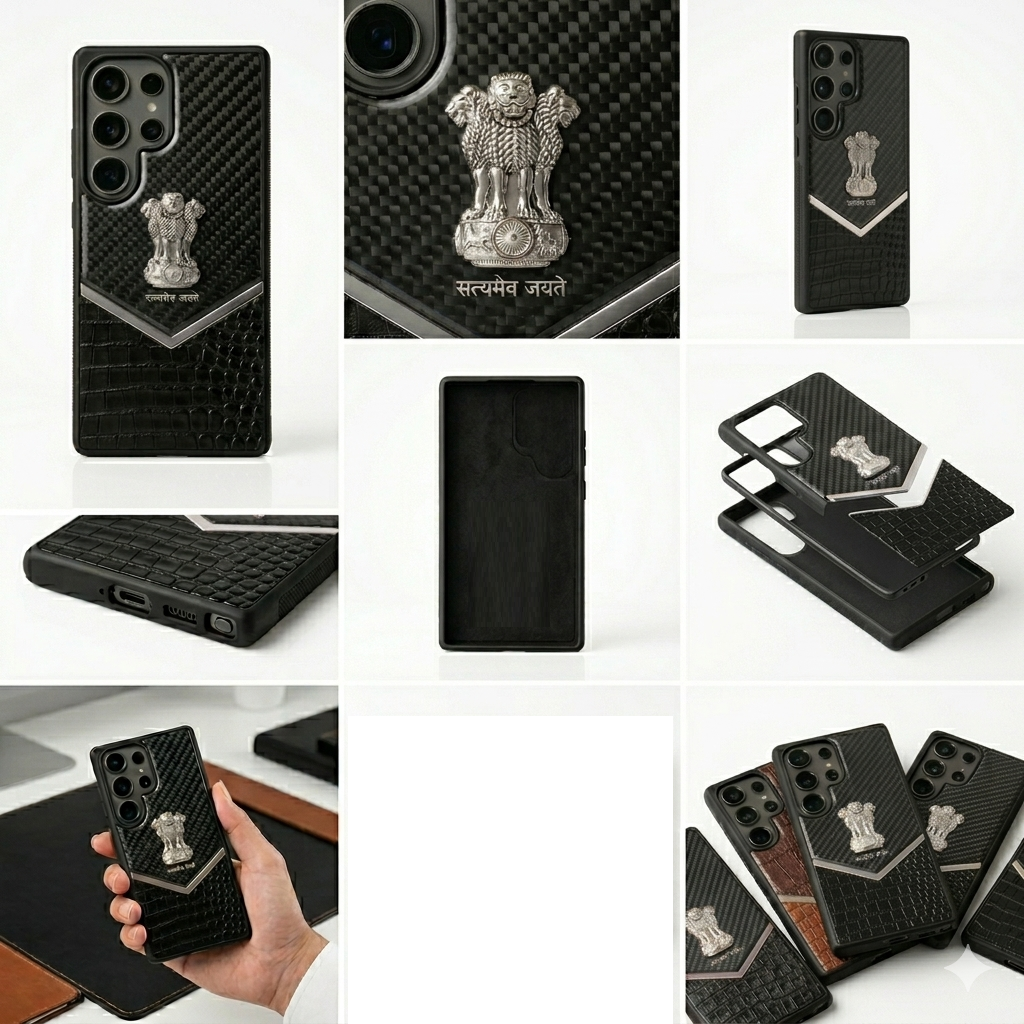 Samsung Galaxy S25 Ultra "Satyamev Jayate" Crock & Carbon Pattern Printed Logo Leather Case - Silver