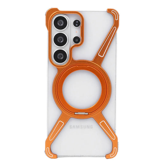 Samsung Galaxy S26 Ultra Metal Bumper Cover, X Shape 360° Rotation Stand Metal Frameless Cover with Magsafe - Orange