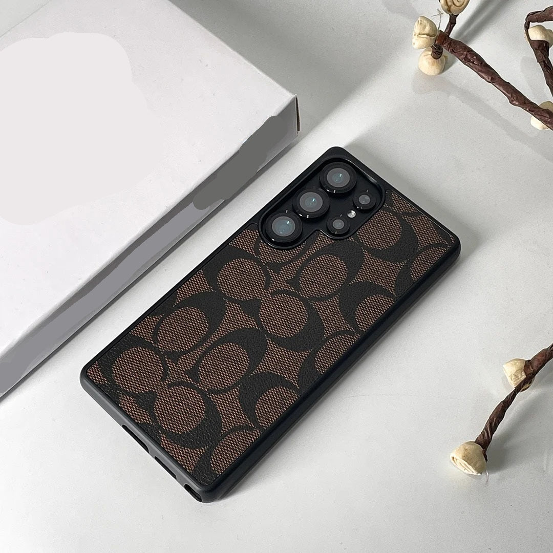 Samsung Galaxy S26 Ultra CC Leather Case, Luxurious Monogram Pattern Leather Case - Brown