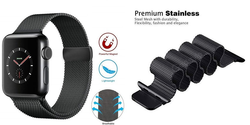 Stainless Steel Magnetic Absorption Strap Metal Mesh Quick Release Wristband for (38-40-41 MM) - Black