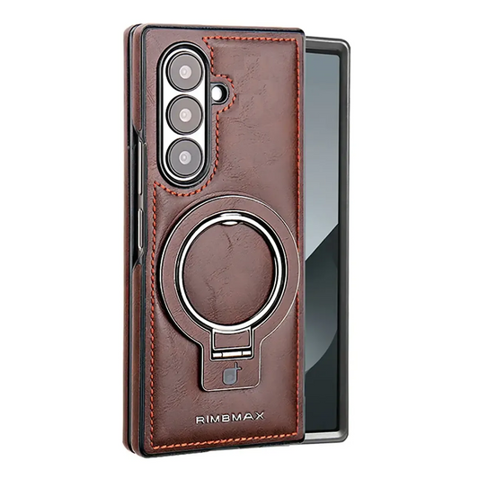 Samsung Galaxy Z Fold7 Leather Case, Genuine Leather Original "RIMBMAX" Cover with Magsafe & Kickstand - Wine