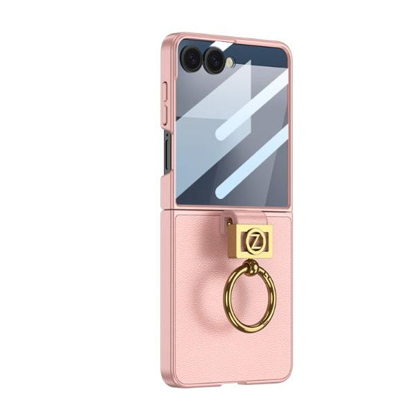 Samsung Galaxy Z Flip7 Leather Case with Z Shape Ring Holder Hard PC + Tempered Glass - Pink