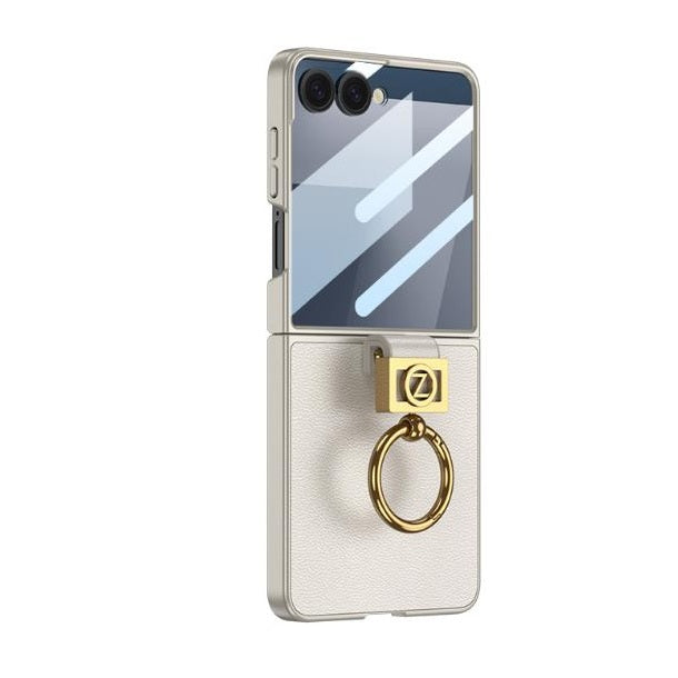 Samsung Galaxy Z Flip7 Leather Case with Z Shape Ring Holder Hard PC + Tempered Glass - Titanium