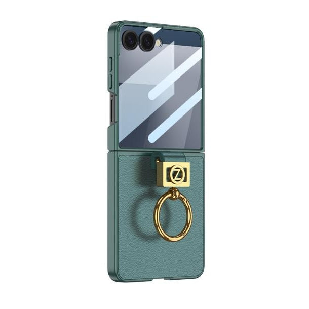 Samsung Galaxy Z Flip7 Leather Case with Z Shape Ring Holder Hard PC + Tempered Glass - Green