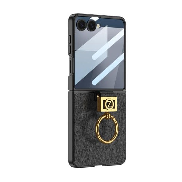 Samsung Galaxy Z Flip7 Leather Case with Z Shape Ring Holder Hard PC + Tempered Glass - Black