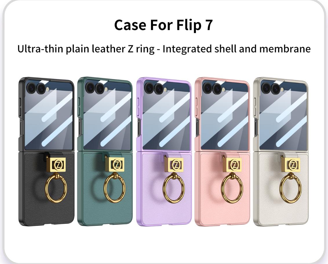 Samsung Galaxy Z Flip7 Leather Case with Z Shape Ring Holder Hard PC + Tempered Glass