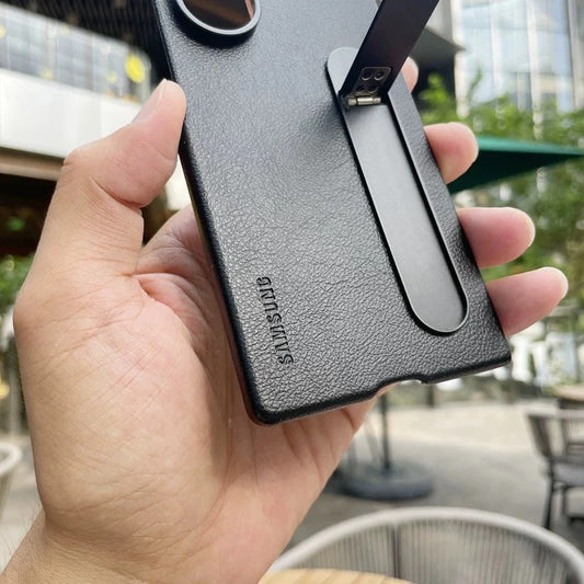 Samsung Galaxy Z Fold6 Leather Case, Kickstand Kindsuit Series Leather Back Cover - Black