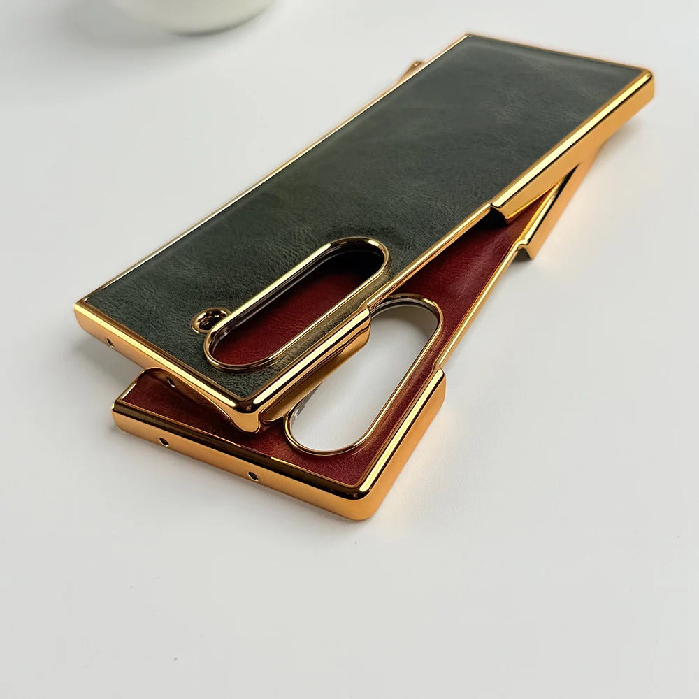 Samsung Galaxy Z Fold7 Luxurious Premium Gold Electroplated Leather Case with Front Glass - Geeen