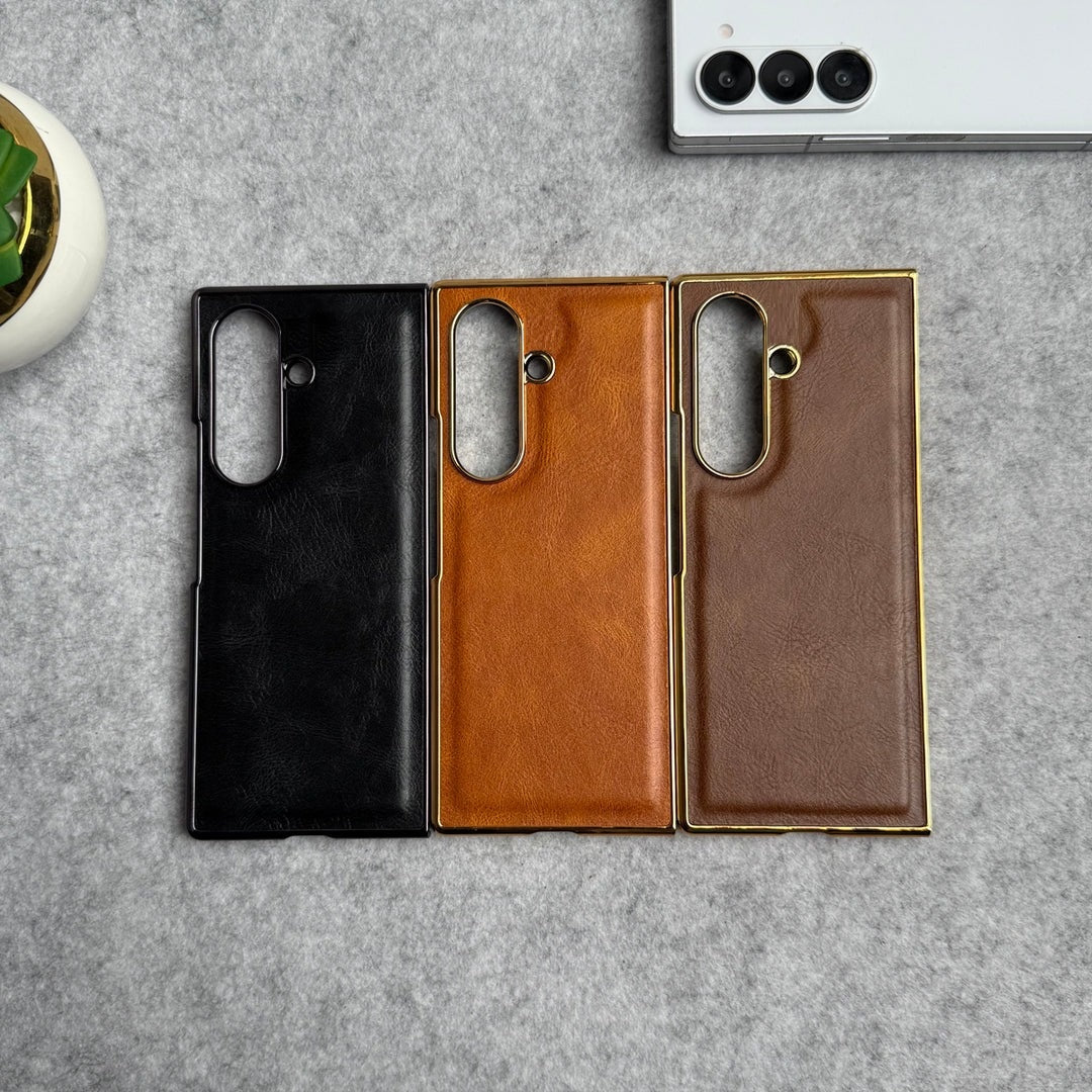 Samsung Galaxy Z Fold7 Luxurious Premium Gold Electroplated Leather Case with Front Glass - Black