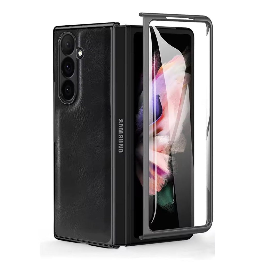 Samsung Galaxy Z Fold7 Luxurious Premium Gold Electroplated Leather Case with Front Glass - Black